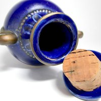 Wine Carafe, Liquor Decanter, Courting Couple, Cobalt Blue, Gold Gilt Trim, Cork Stopper, Made in Germany