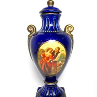 Wine Carafe, Liquor Decanter, Courting Couple, Cobalt Blue, Gold Gilt Trim, Cork Stopper, Made in Germany