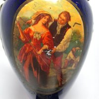 Wine Carafe, Liquor Decanter, Courting Couple, Cobalt Blue, Gold Gilt Trim, Cork Stopper, Made in Germany