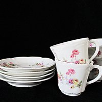 Limoges Demitasse Cups and Saucers, Set of 4, Espresso Cups, Bassett Austria, Pink Florals, Scalloped Edges