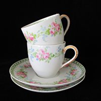 French Demitasse Cups and Saucers, Set of 2, France Depose, Tilden Thurberg Co, Providence Rhode Island, Pink Florals, Espresso Set