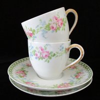 French Demitasse Cups and Saucers, Set of 2, France Depose, Tilden Thurberg Co, Providence Rhode Island, Pink Florals, Espresso Set
