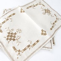 Embroidered Linen Dresser Scarves, Placemats, Cutwork Napkins, Ecru Doilies, Set of 8, Wedding Gift