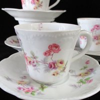 Limoges Demitasse Cups and Saucers, Set of 4, Espresso Cups, Bassett Austria, Pink Florals, Scalloped Edges