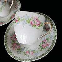 French Demitasse Cups and Saucers, Set of 2, France Depose, Tilden Thurberg Co, Providence Rhode Island, Pink Florals, Espresso Set