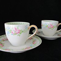 French Demitasse Cups and Saucers, Set of 2, France Depose, Tilden Thurberg Co, Providence Rhode Island, Pink Florals, Espresso Set