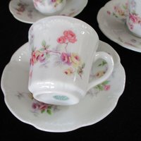 Limoges Demitasse Cups and Saucers, Set of 4, Espresso Cups, Bassett Austria, Pink Florals, Scalloped Edges