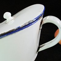 French Bedpan, White Enamelware, Blue Trim, Lidded, Large Handle. Ideal as Flower Pot, French Country Farmhouse Decor