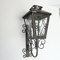 Mid Century Lantern, Wall Mount, Metal Scrolls, Wrought Iron, Garden Candle Holder, Glass Panes, Mediterranean Flair, Housewarming Gift