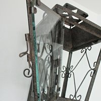 Mid Century Lantern, Wall Mount, Metal Scrolls, Wrought Iron, Garden Candle Holder, Glass Panes, Mediterranean Flair, Housewarming Gift