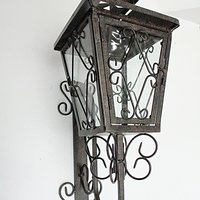 Mid Century Lantern, Wall Mount, Metal Scrolls, Wrought Iron, Garden Candle Holder, Glass Panes, Mediterranean Flair, Housewarming Gift