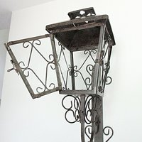 Mid Century Lantern, Wall Mount, Metal Scrolls, Wrought Iron, Garden Candle Holder, Glass Panes, Mediterranean Flair, Housewarming Gift