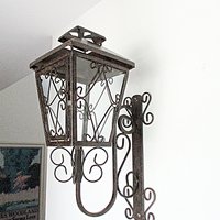 Mid Century Lantern, Wall Mount, Metal Scrolls, Wrought Iron, Garden Candle Holder, Glass Panes, Mediterranean Flair, Housewarming Gift