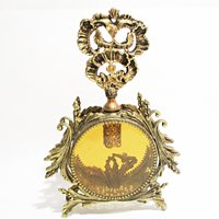 Ormolu Perfume Bottle, Glass Dauber, Amber Beveled Glass Sides, Bird Floral Insert, Gold Filigree, Hollywood Regency, Victorian Decor
