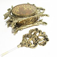 Ormolu Perfume Bottle, Glass Dauber, Amber Beveled Glass Sides, Bird Floral Insert, Gold Filigree, Hollywood Regency, Victorian Decor