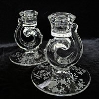 Fostoria Bouquet, Candle Holders, Set of 2, Etched Crystal, Bridal Table, Wedding Shower Decor