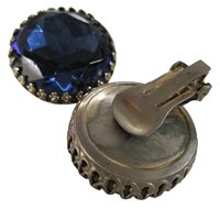 Large Blue Earrings, Round Faux Sapphire Blue Stone, Clip On Style