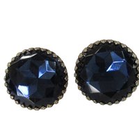 Large Blue Earrings, Round Faux Sapphire Blue Stone, Clip On Style