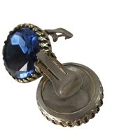 Large Blue Earrings, Round Faux Sapphire Blue Stone, Clip On Style