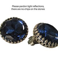 Large Blue Earrings, Round Faux Sapphire Blue Stone, Clip On Style