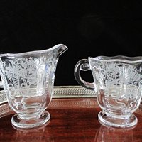 Fostoria Corsage Cream Pitcher and Sugar Bowl, Large Size, Etched Floral Creamer with Sugar Bowl, Wedding Gift, Formal Table Setting