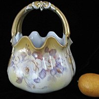 Antique Porcelain Basket, Hand Painted Florals, Gold Gilt Trims, Large and Heavy, Victorian Decor