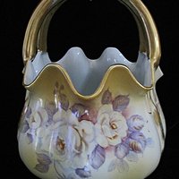 Antique Porcelain Basket, Hand Painted Florals, Gold Gilt Trims, Large and Heavy, Victorian Decor