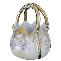 Antique Porcelain Basket, Hand Painted Florals, Gold Gilt Trims, Large and Heavy, Victorian Decor