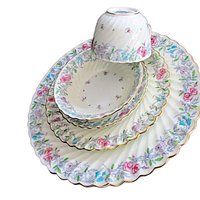 Minton Printemps 5pc, China Place Setting, Dinner Plate, Salad, Dessert Bowl, Cup, Saucer, Gold, Ruffled Edges, Replacement China, England