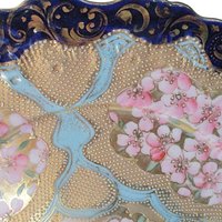 Antique Nippon Plate, Cobalt Blue and Gold Borders, Heavy Moriage, Coral, Pinks, Light Aqua, Ornate, Heavy Gold, 10 Inch Diameter