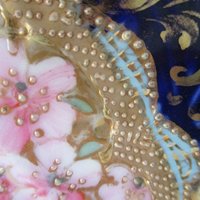 Antique Nippon Plate, Cobalt Blue and Gold Borders, Heavy Moriage, Coral, Pinks, Light Aqua, Ornate, Heavy Gold, 10 Inch Diameter