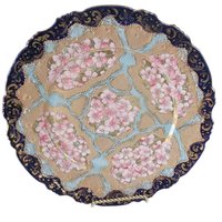 Antique Nippon Plate, Cobalt Blue and Gold Borders, Heavy Moriage, Coral, Pinks, Light Aqua, Ornate, Heavy Gold, 10 Inch Diameter