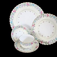 Minton Printemps 5pc, China Place Setting, Dinner Plate, Salad, Dessert Bowl, Cup, Saucer, Gold, Ruffled Edges, Replacement China, England