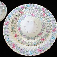 Minton Printemps 5pc, China Place Setting, Dinner Plate, Salad, Dessert Bowl, Cup, Saucer, Gold, Ruffled Edges, Replacement China, England