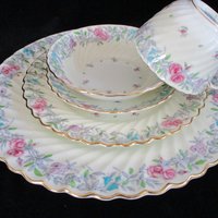 Minton Printemps 5pc, China Place Setting, Dinner Plate, Salad, Dessert Bowl, Cup, Saucer, Gold, Ruffled Edges, Replacement China, England