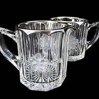 Cut Etched Crystal Cream and Sugar Bowl Set, Thick Silver Rims, Formal Dining
