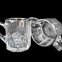 Cut Etched Crystal Cream and Sugar Bowl Set, Thick Silver Rims, Formal Dining