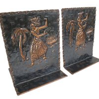 Tropical Bookends, Tin Metal, Palm Trees, Dancer, Beach Decor