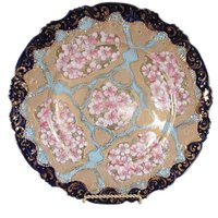 Antique Nippon Plate, Cobalt Blue and Gold Borders, Heavy Moriage, Coral, Pinks, Light Aqua, Ornate, Heavy Gold, 10 Inch Diameter