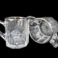 Cut Etched Crystal Cream and Sugar Bowl Set, Thick Silver Rims, Formal Dining