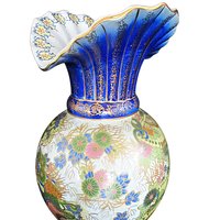 Large Asian Vase, Melon Base, Flared Ruffled Neck, Colorful on Creamy White Background, 16 by 10, Wedding Gift