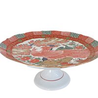 Cake Stand or Pedestal, Red Asian Bird or Pheasant, Scalloped with Gold Trims, Asian Decor, Made in Japan