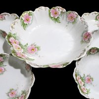 Antique Berry Set, Serving Bowl and 6 Small Bowls, 7pc Set, Scalloped Edges, Pink Florals, Dessert Set, Malmaison, Bavaria, Made in Germany