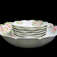 Antique Berry Set, Serving Bowl and 6 Small Bowls, 7pc Set, Scalloped Edges, Pink Florals, Dessert Set, Malmaison, Bavaria, Made in Germany