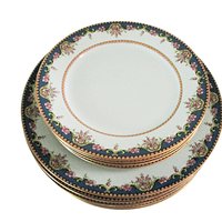 Limoges Plates, Tressemanes Vogt, TRV98, Set of 5 Salads and 4 Dessert or Bread, Blue Border, Pink Roses, Gold Edging, Accent Tablescapes