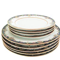 Limoges Plates, Tressemanes Vogt, TRV98, Set of 5 Salads and 4 Dessert or Bread, Blue Border, Pink Roses, Gold Edging, Accent Tablescapes