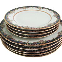 Limoges Plates, Tressemanes Vogt, TRV98, Set of 5 Salads and 4 Dessert or Bread, Blue Border, Pink Roses, Gold Edging, Accent Tablescapes