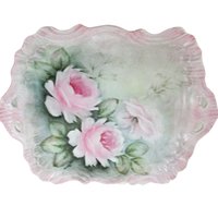 Antique Dresser Tray, Large PInk Roses, Hand Painted, Scalloped Edges, French Bedroom Decor, French Country, Farmhouse Decor