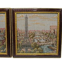 Paris France, Wall Decor, Cotton Silk Threads, Eiffel Tower and Notre Dame Cathedral, Professionally Framed, French Decor