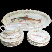 Antique Limoges France, LS & S, Coiffe Star, 13pc Fish Serving Set, 24 Inch Platter, 10 Plates, Sauce Boat and Underplate, 1891 - 1914